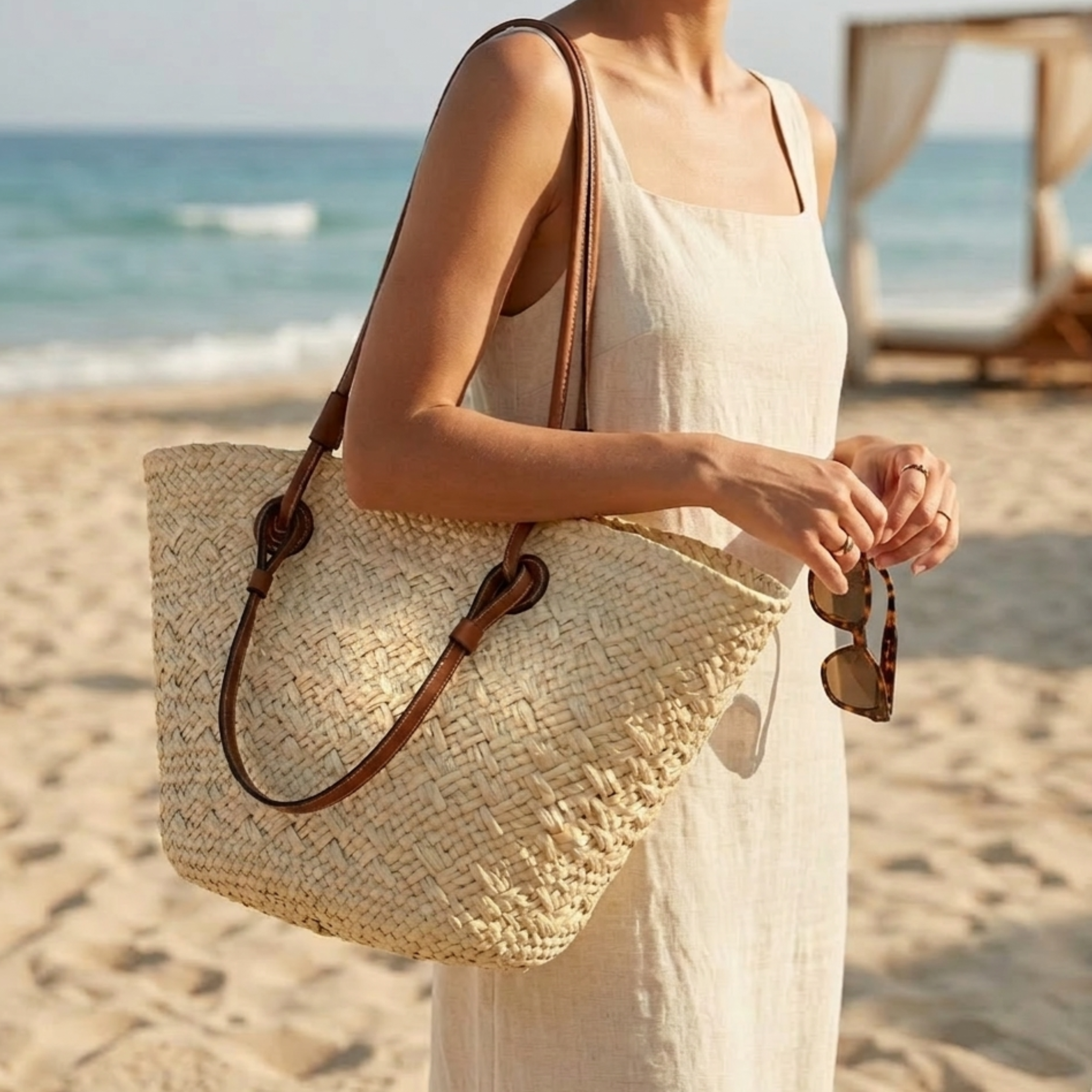 Rattan Wicker Summer Tote Bag Women UK – Handcrafted Sustainable Beach Bag, Holiday Outfit & Resort Wear