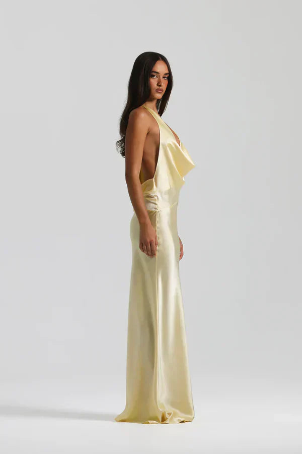 Cowl Neck Satin Maxi Dress with Open Back for Evening and Formal Events