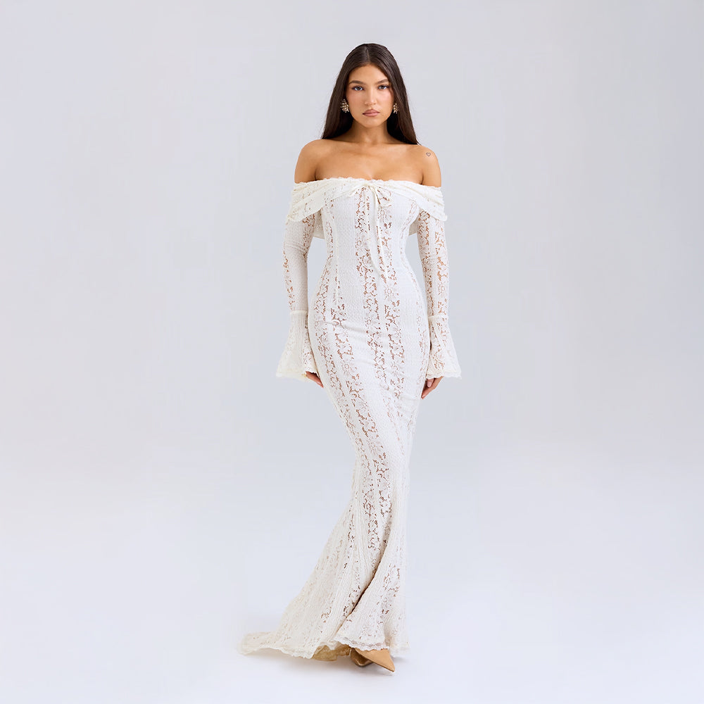 Off-Shoulder Lace Maxi Dress with Bell Sleeves for Formal Events and Weddings