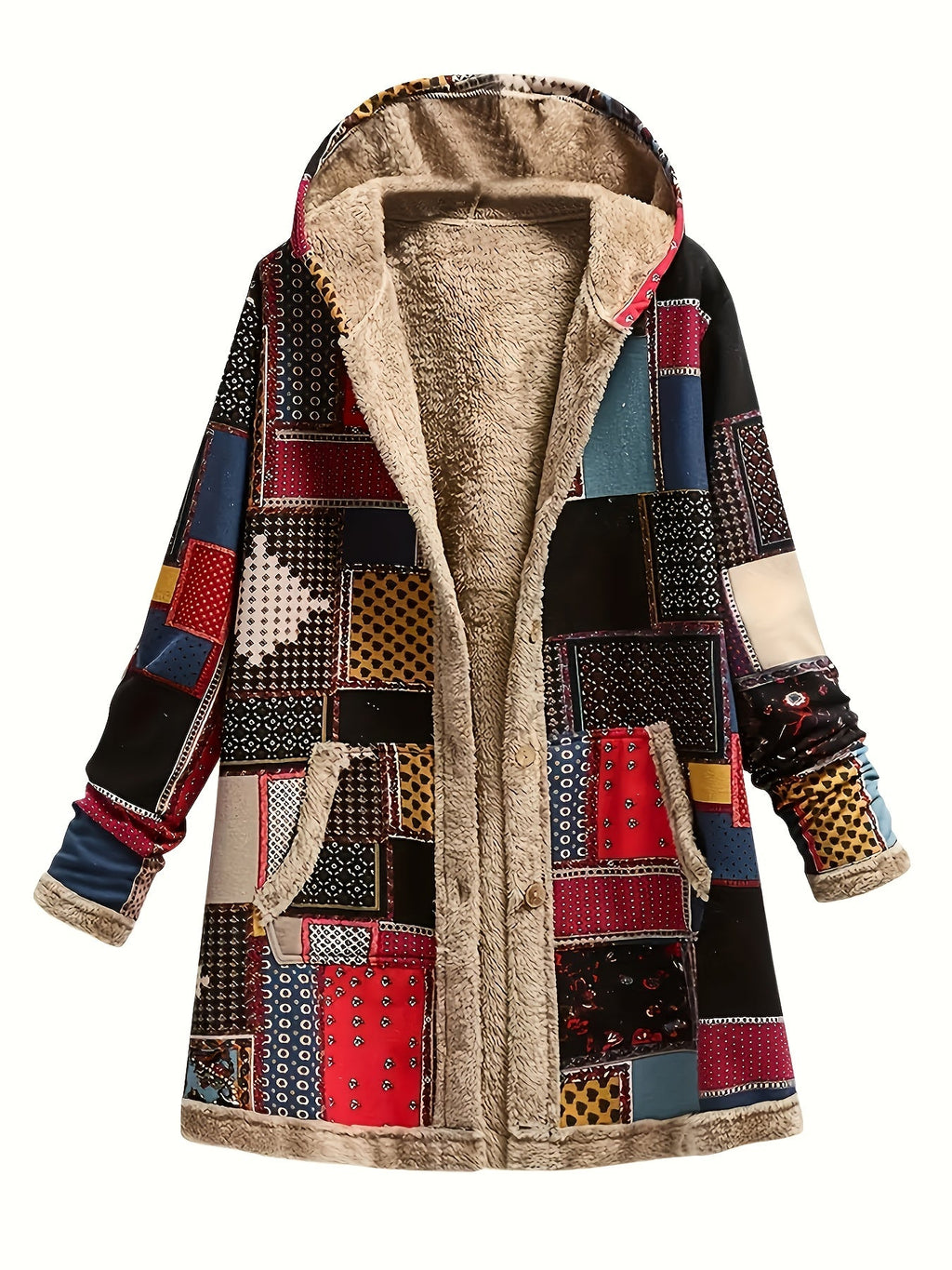 Patchwork Hooded Jacket - Cozy Cotton Blend - Casual Outerwear for Women