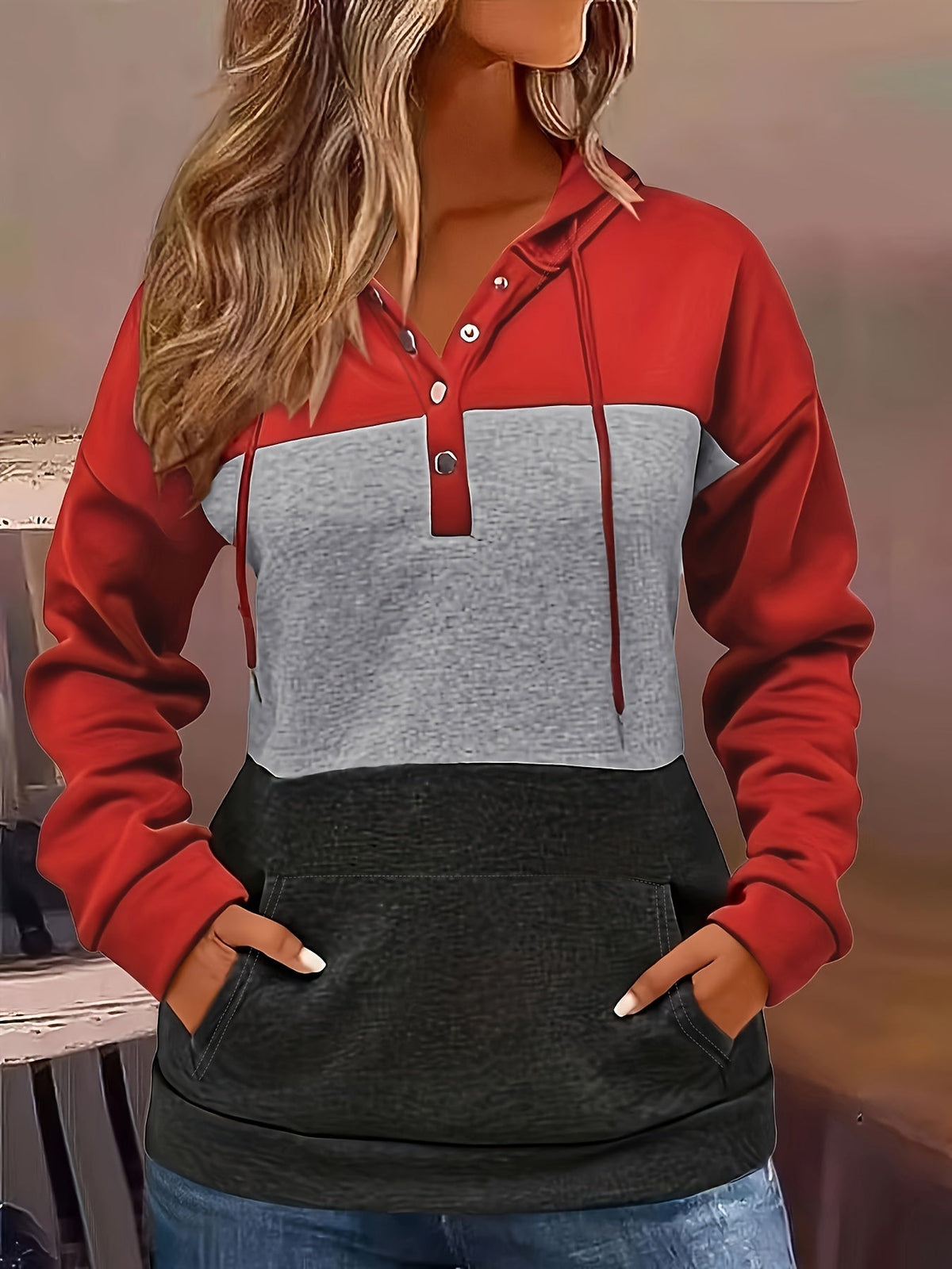 Color Block Button-Neck Hoodie | Cotton Blend | Casual Wear for Women