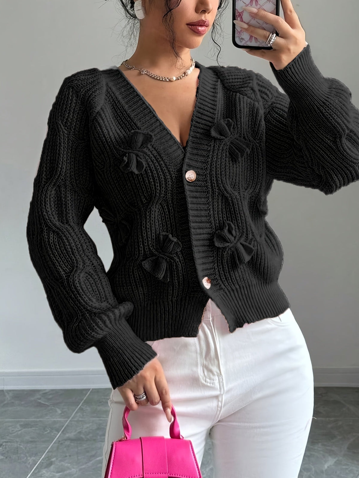 Soft Bow-Detail Long Sleeve Cardigan in Comfortable Knit for Casual Wear