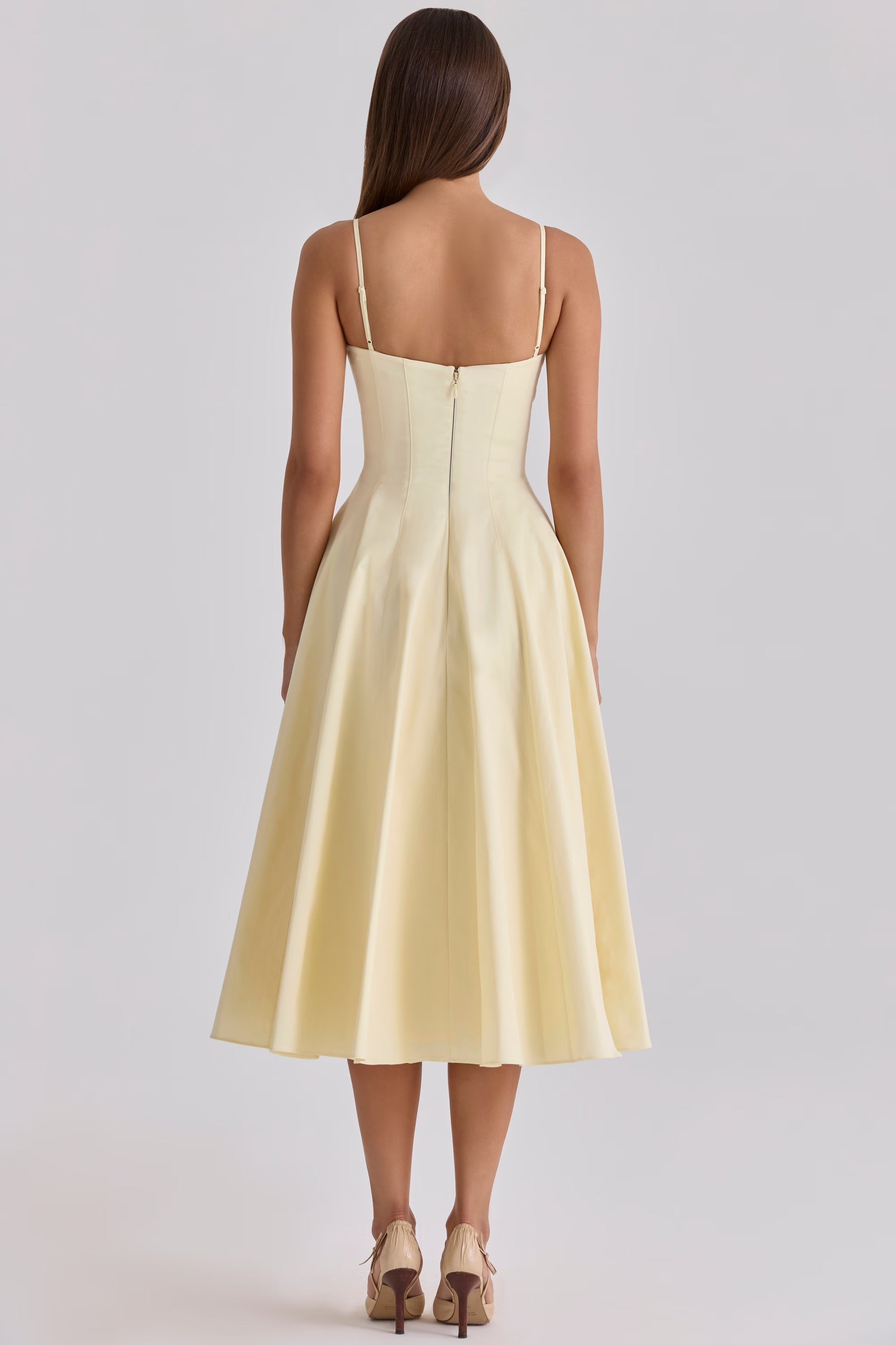 Pima Cotton Gathered Bust Midi Dress Women UK – Wedding Guest Garden Party Evening Gown, Cocktail Attire