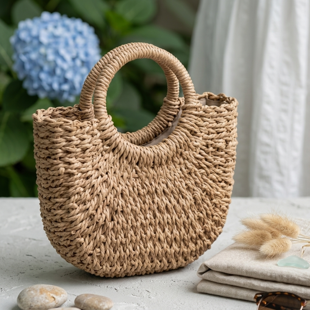 Wicker Half-Circle Tote Handbag Women UK – Eco-Friendly Fashion Accessory, Smart Casual Holiday Wear