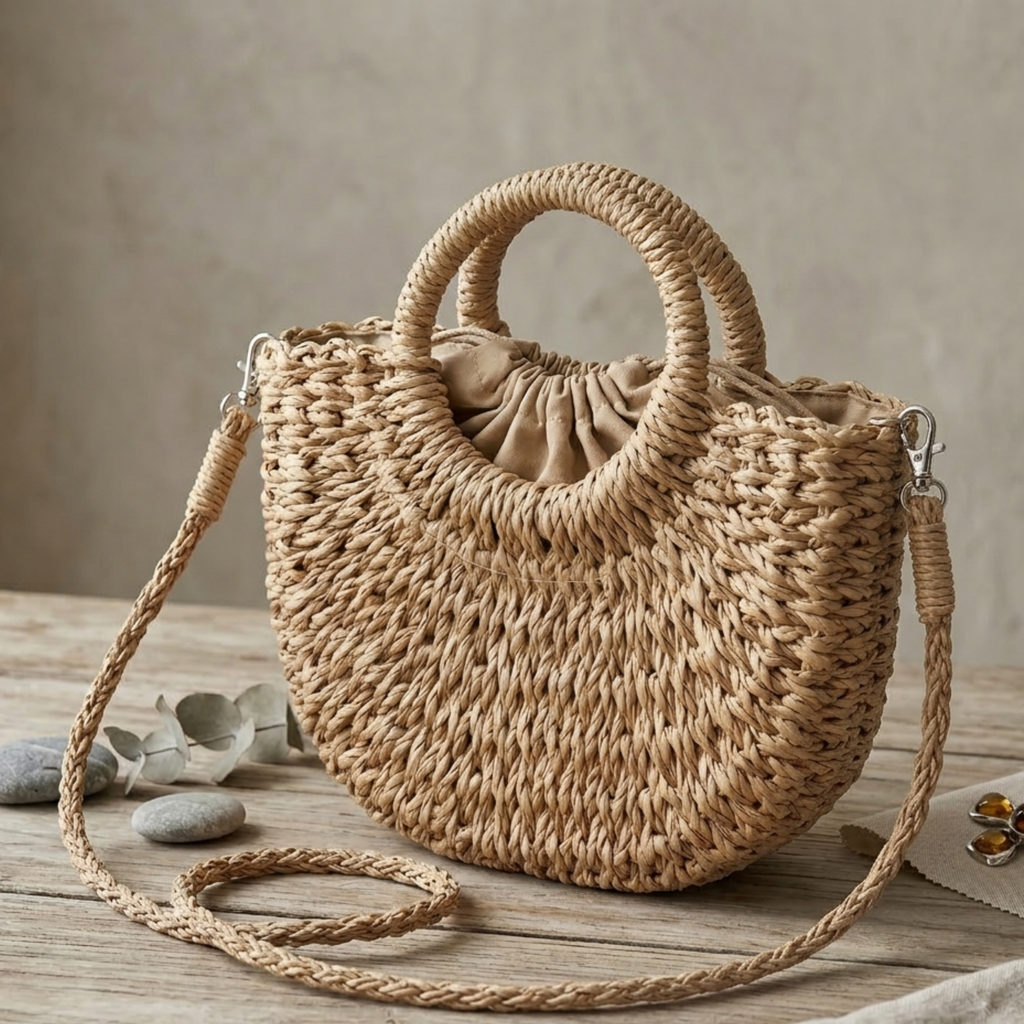 Wicker Half-Circle Tote Handbag Women UK – Eco-Friendly Fashion Accessory, Smart Casual Holiday Wear