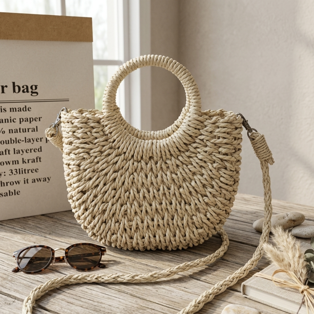 Wicker Half-Circle Tote Handbag Women UK – Eco-Friendly Fashion Accessory, Smart Casual Holiday Wear