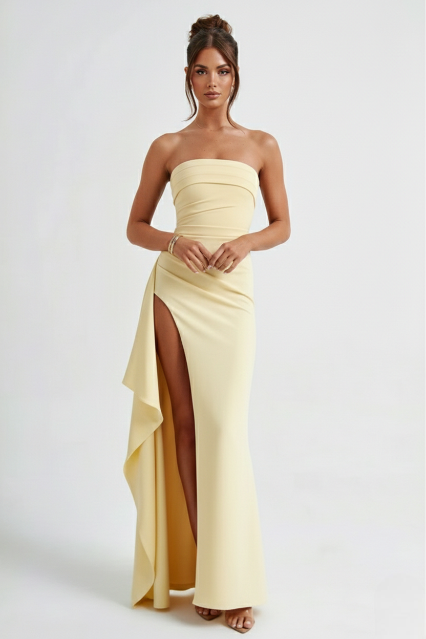 Crepe Strapless Maxi Dress Women UK – Thigh-High Split Formal Occasion Evening Gown