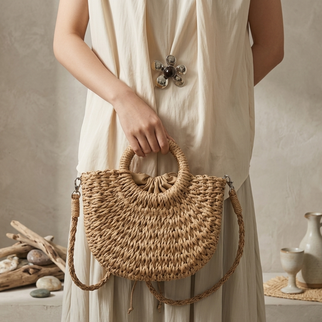 Wicker Half-Circle Tote Handbag Women UK – Eco-Friendly Fashion Accessory, Smart Casual Holiday Wear