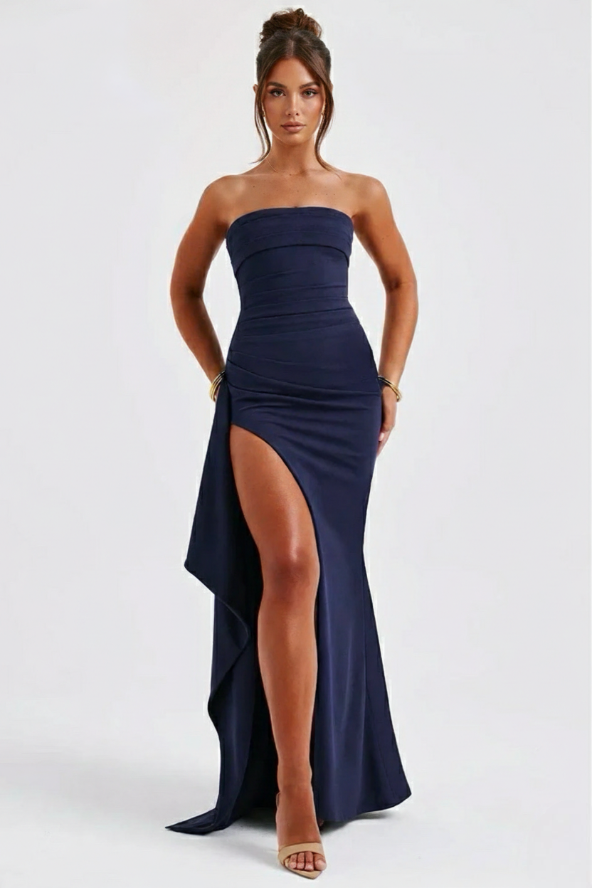 Crepe Strapless Maxi Dress Women UK – Thigh-High Split Formal Occasion Evening Gown