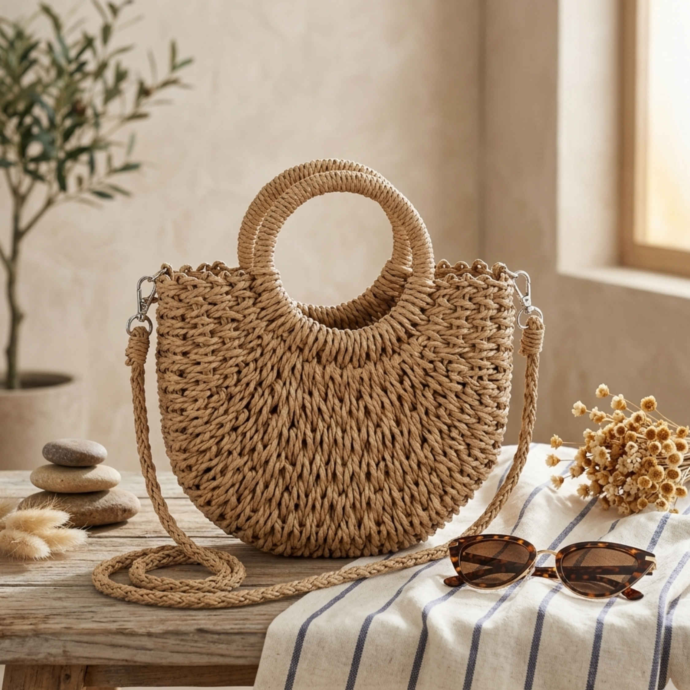 Natural Half-Round Rattan Woven Crossbody Handbag Women UK – Eco-Friendly Fashion Accessory, Holiday Wear Evening
