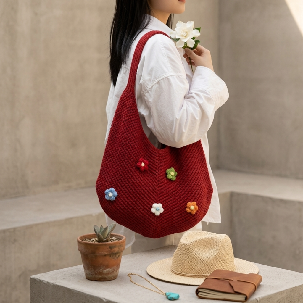 Mini Blossom Knitted Tote Bag UK – Sustainable Fashion Accessory, Smart Casual Office Wear