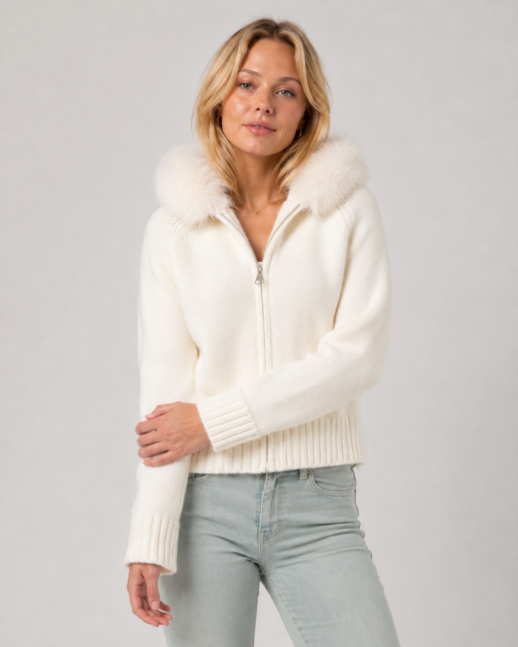 Chilly Days Ahead – Soft Knit Zip Cardigan with Faux Fur Collar