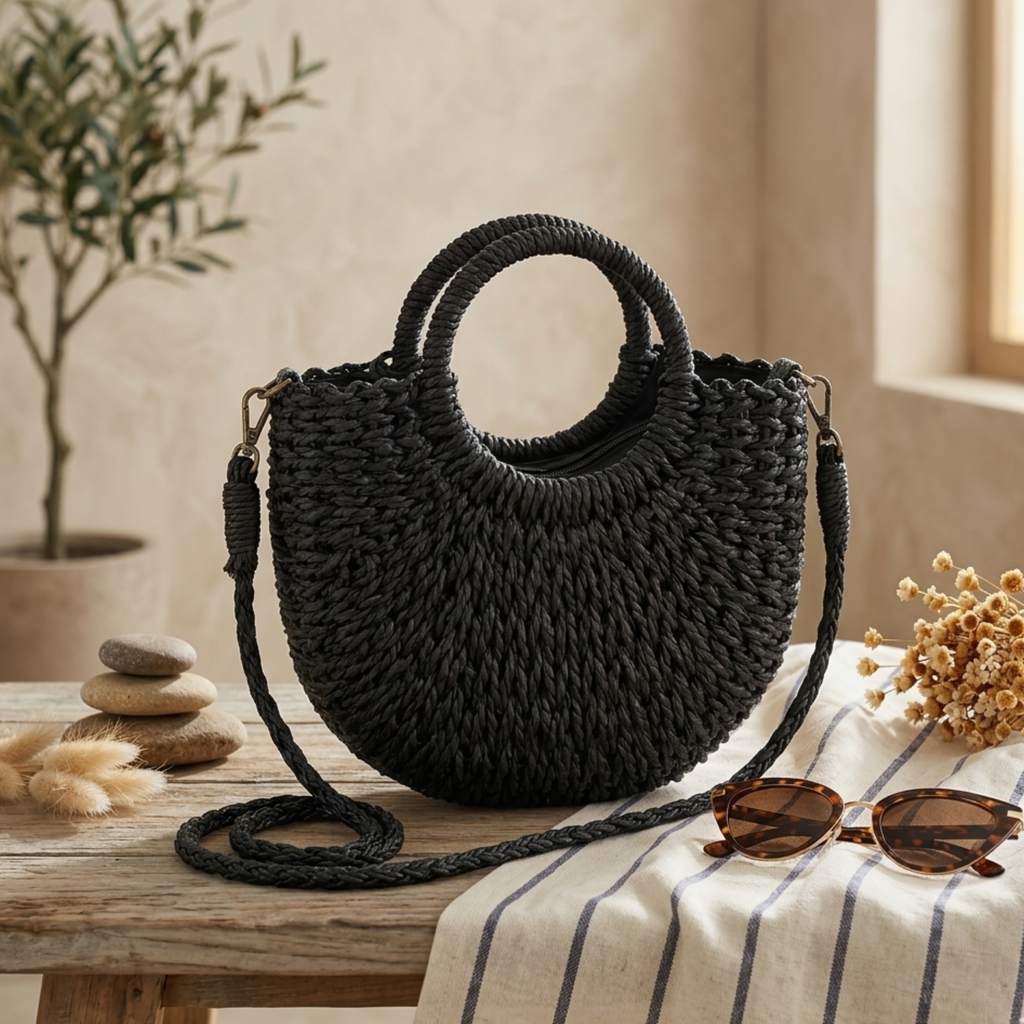 Natural Half-Round Rattan Woven Crossbody Handbag Women UK – Eco-Friendly Fashion Accessory, Holiday Wear Evening