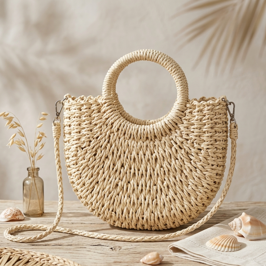 Natural Half-Round Rattan Woven Crossbody Handbag Women UK – Eco-Friendly Fashion Accessory, Holiday Wear Evening