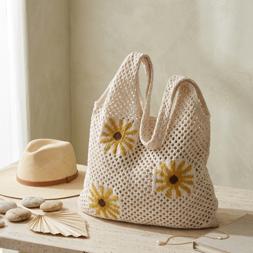 Mini Blossom Knitted Tote Bag UK – Sustainable Fashion Accessory, Smart Casual Office Wear