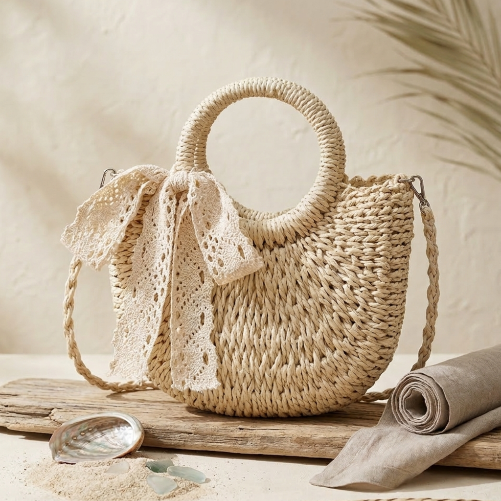Natural Half-Round Rattan Woven Crossbody Handbag Women UK – Eco-Friendly Fashion Accessory, Holiday Wear Evening