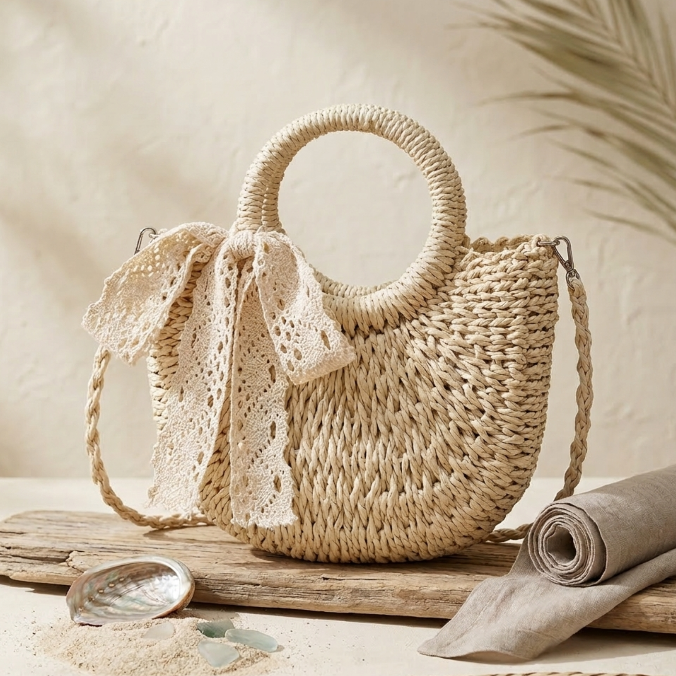 Natural Half-Round Rattan Woven Crossbody Handbag Women UK – Eco-Friendly Fashion Accessory, Holiday Wear Evening