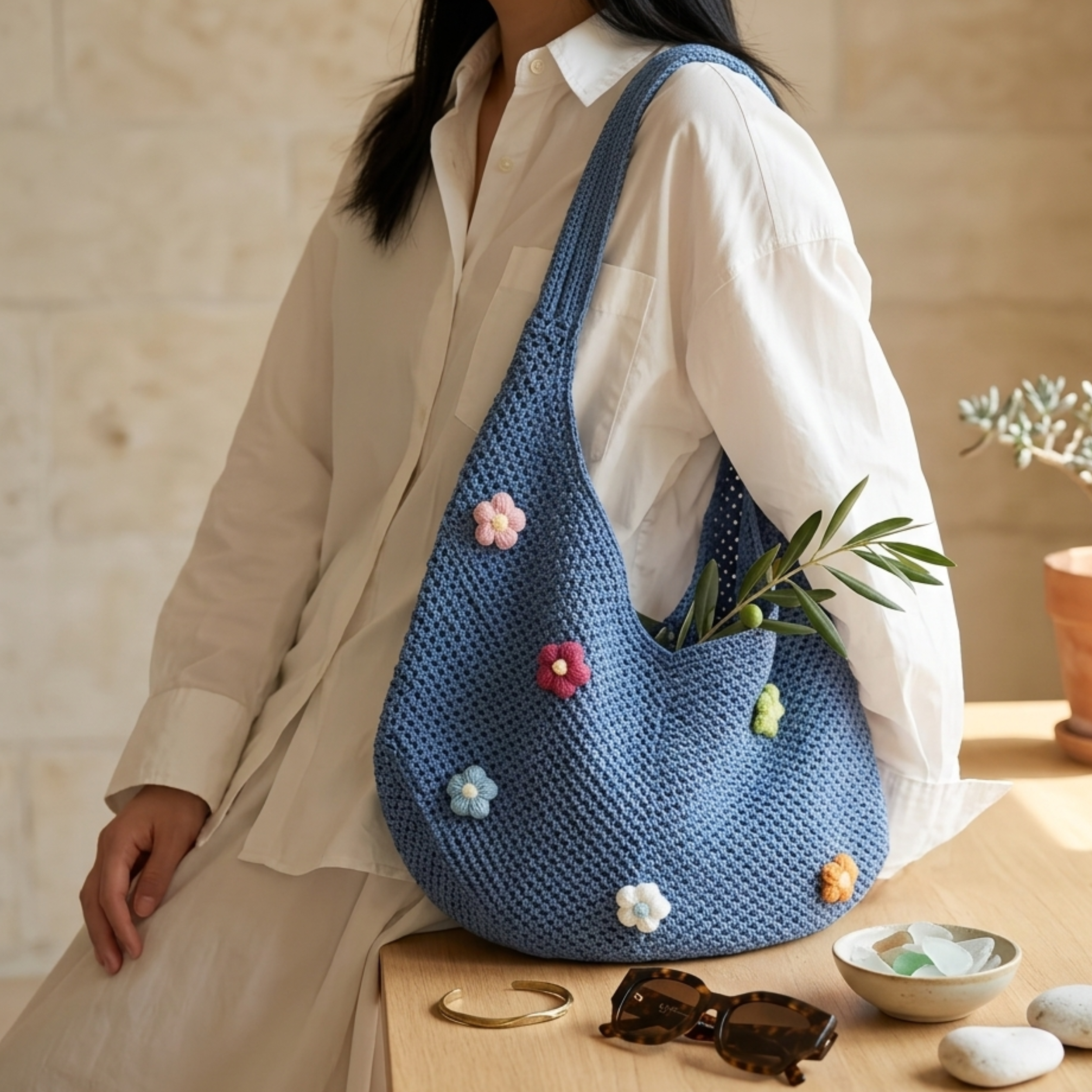 Mini Blossom Knitted Tote Bag UK – Sustainable Fashion Accessory, Smart Casual Office Wear