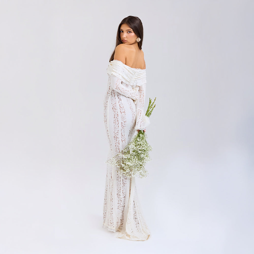 Off-Shoulder Lace Maxi Dress with Bell Sleeves for Formal Events and Weddings
