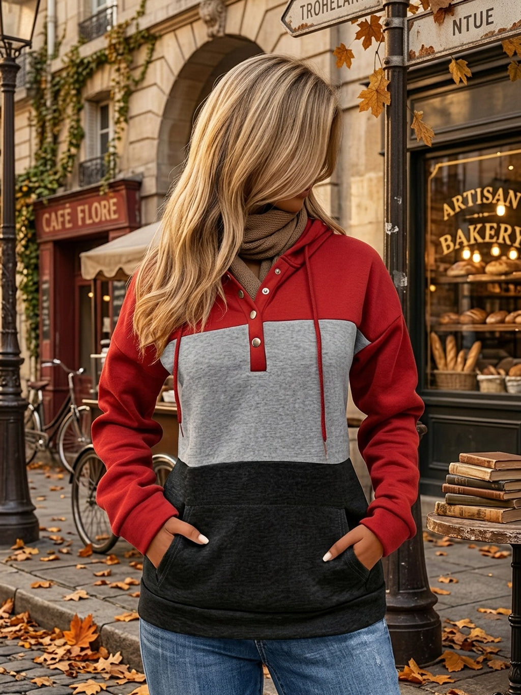 Color Block Button-Neck Hoodie | Cotton Blend | Casual Wear for Women