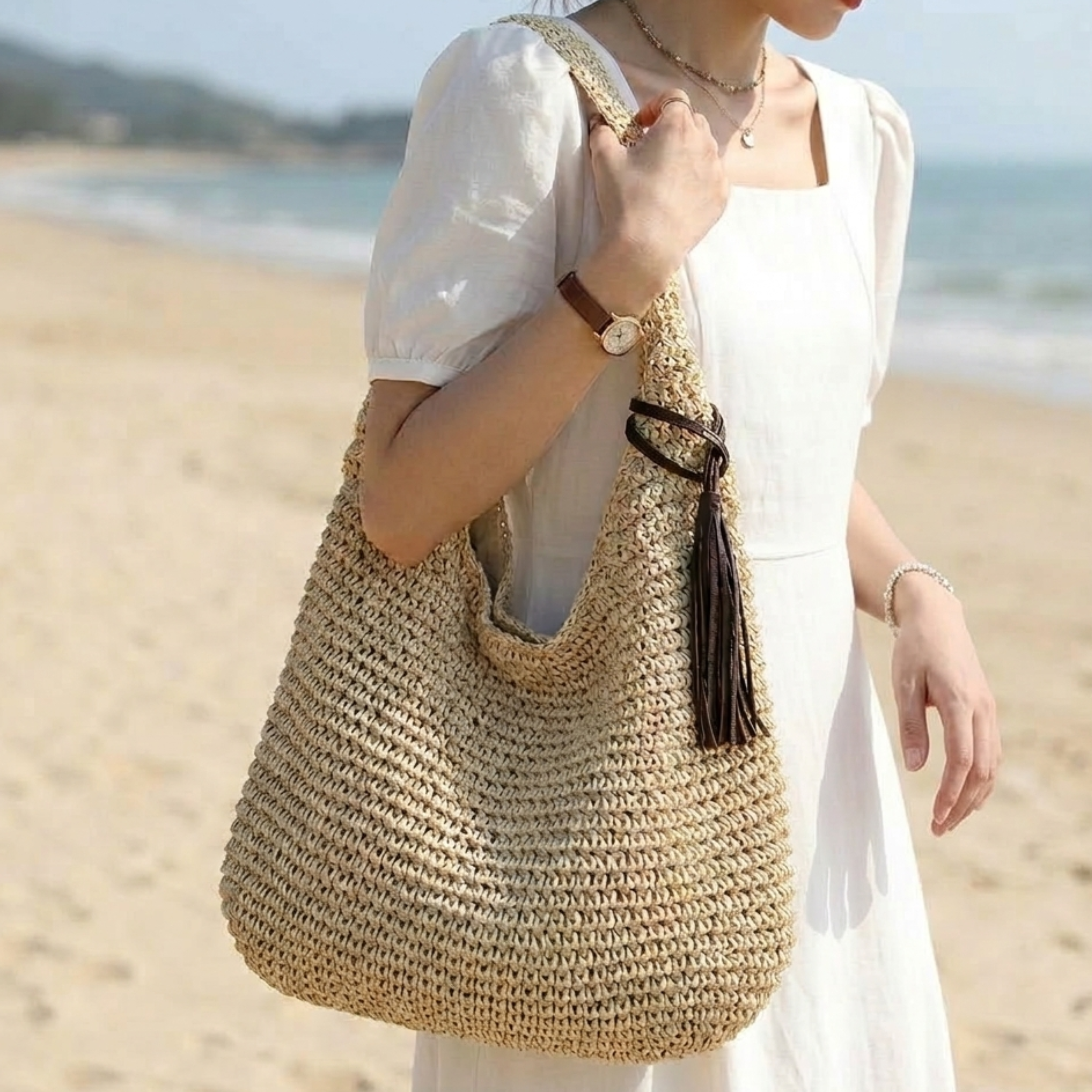 Handwoven Straw Shoulder Bag Women UK – Eco-Friendly Spacious Design, Holiday Outfit Brunch