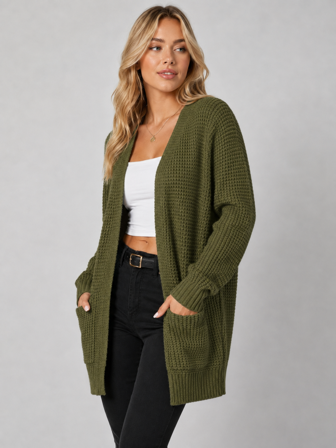 Chilly Evenings Ahead – Soft Waffle-Knit Open-Front Cardigan