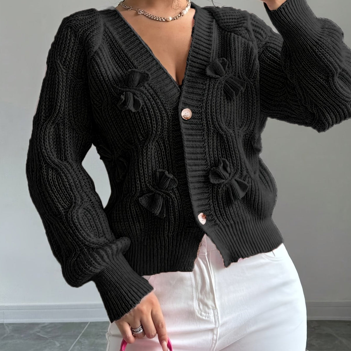 Soft Bow-Detail Long Sleeve Cardigan in Comfortable Knit for Casual Wear