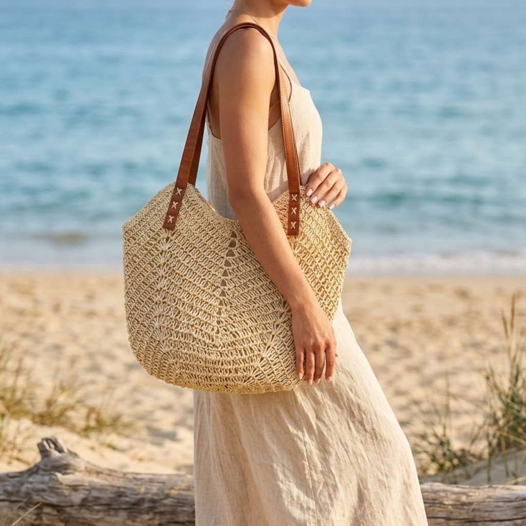 Handwoven Raffia Beach Tote Bag Women UK – Coastal Classic Shoulder Bag, Summer Holiday & Resort Wear
