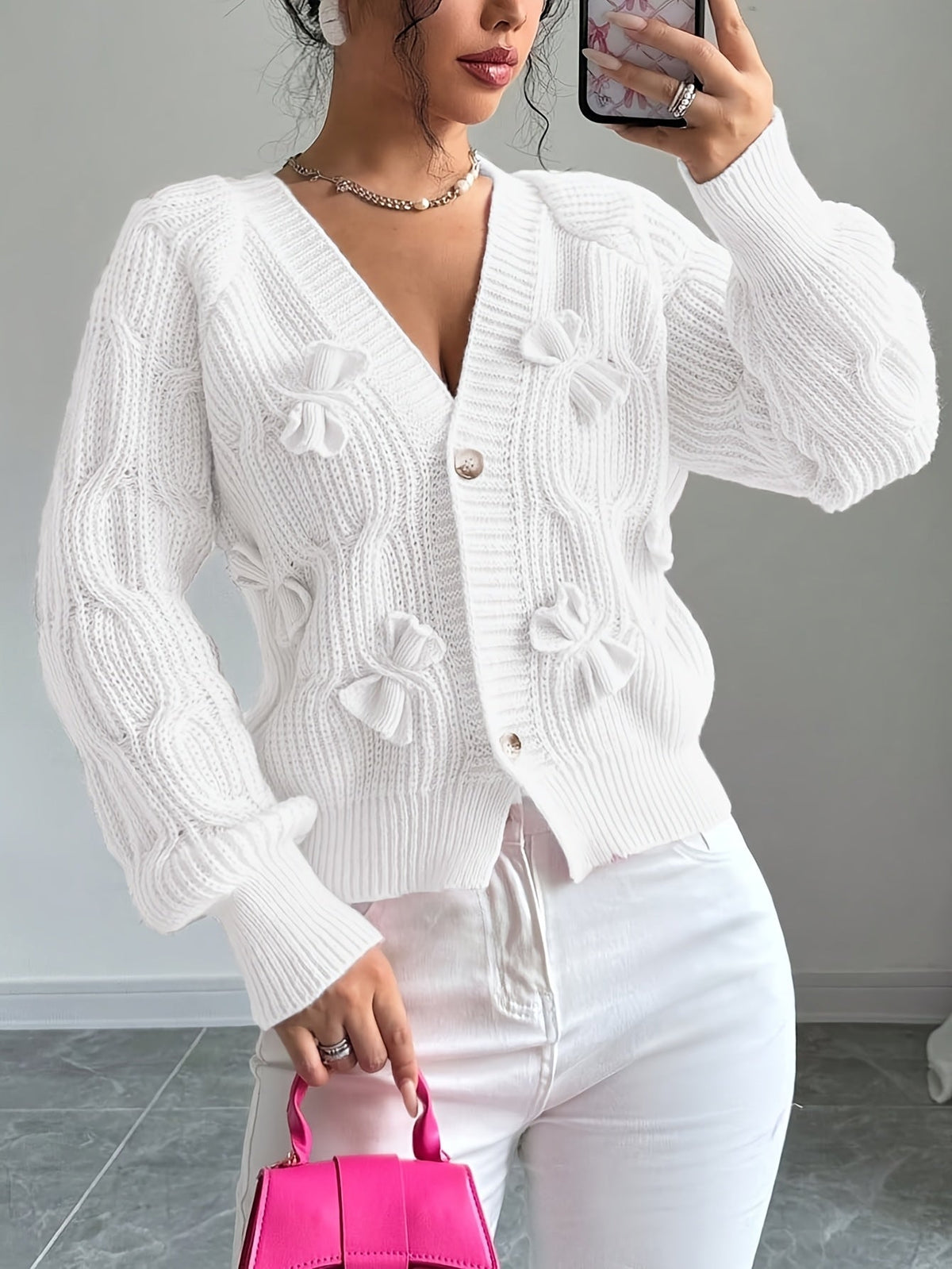 Soft Bow-Detail Long Sleeve Cardigan in Comfortable Knit for Casual Wear