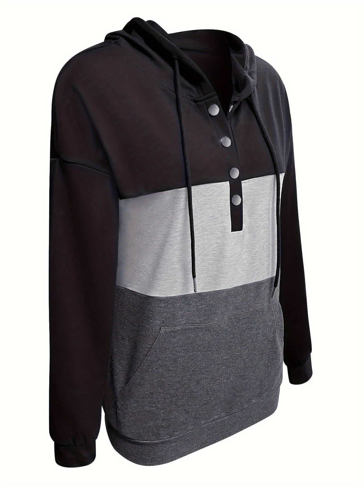 Color Block Button-Neck Hoodie | Cotton Blend | Casual Wear for Women