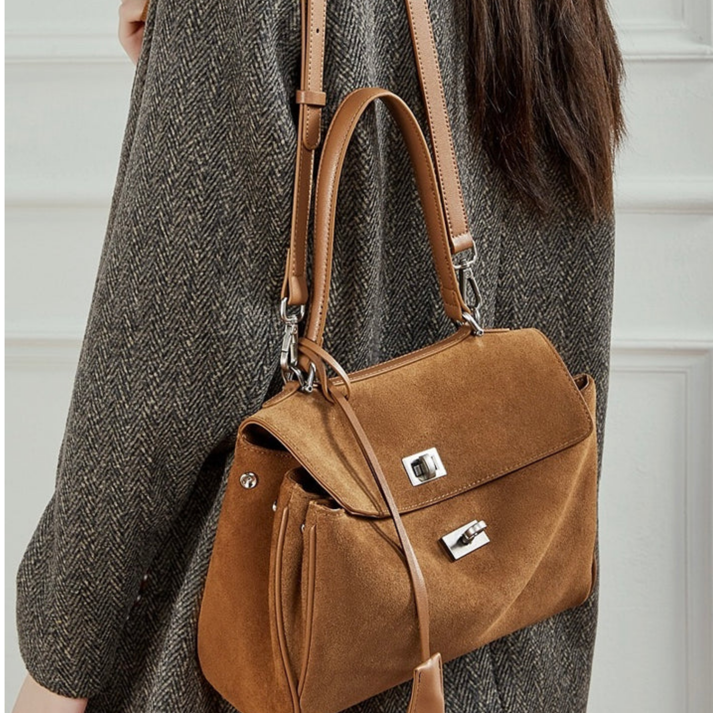 Brown Suede Leather Top-Handle Bag Women UK – Smart Casual, Office Wear