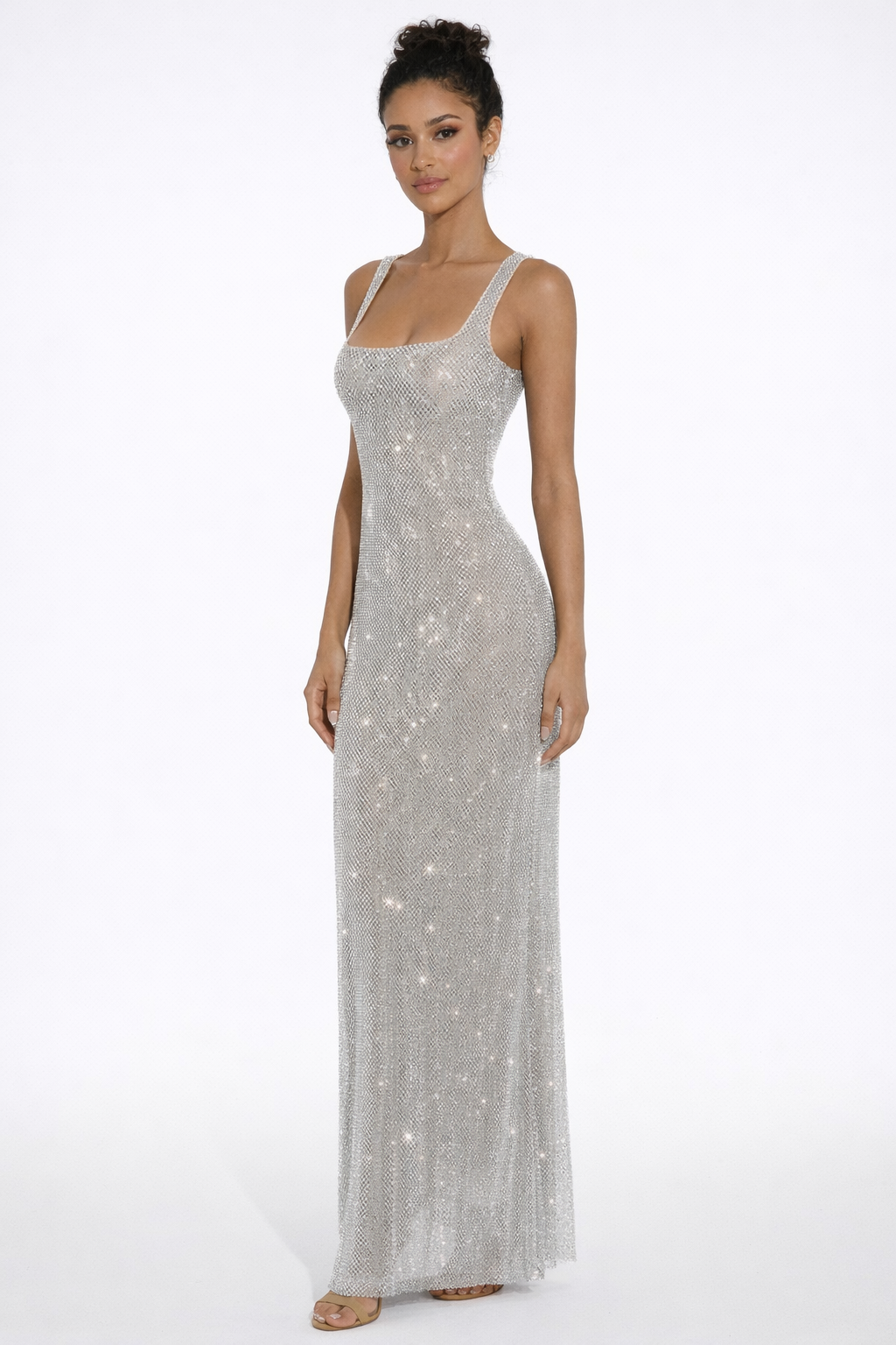 Crystal Mesh Maxi Dress with Square Neck for Evening Events and Formal Occasions