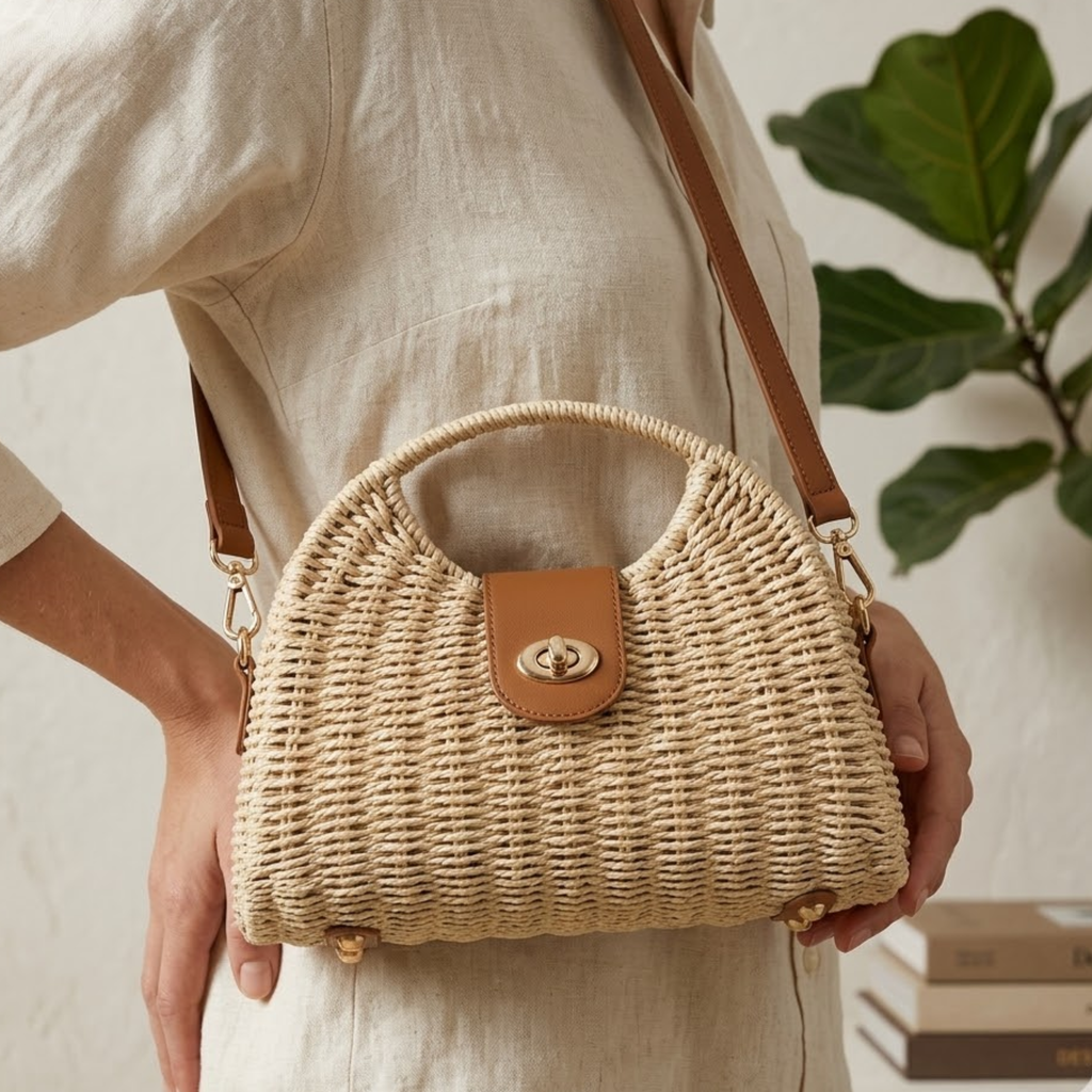 Natural Straw Woven Crossbody Shoulder Bag Women UK – Eco-Friendly Chic for Brunch, Holiday Outfit