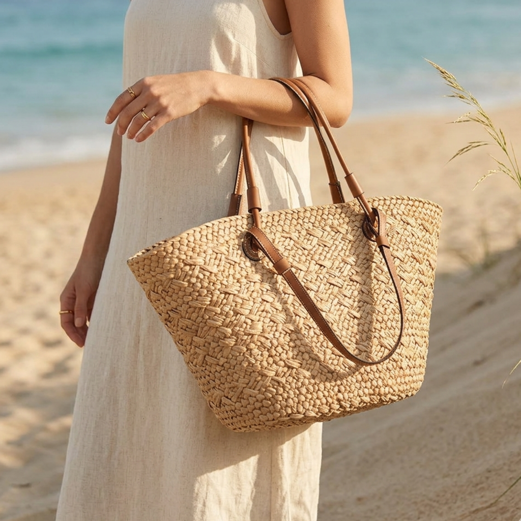 Rattan Wicker Summer Tote Bag Women UK – Handcrafted Sustainable Beach Bag, Holiday Outfit & Resort Wear