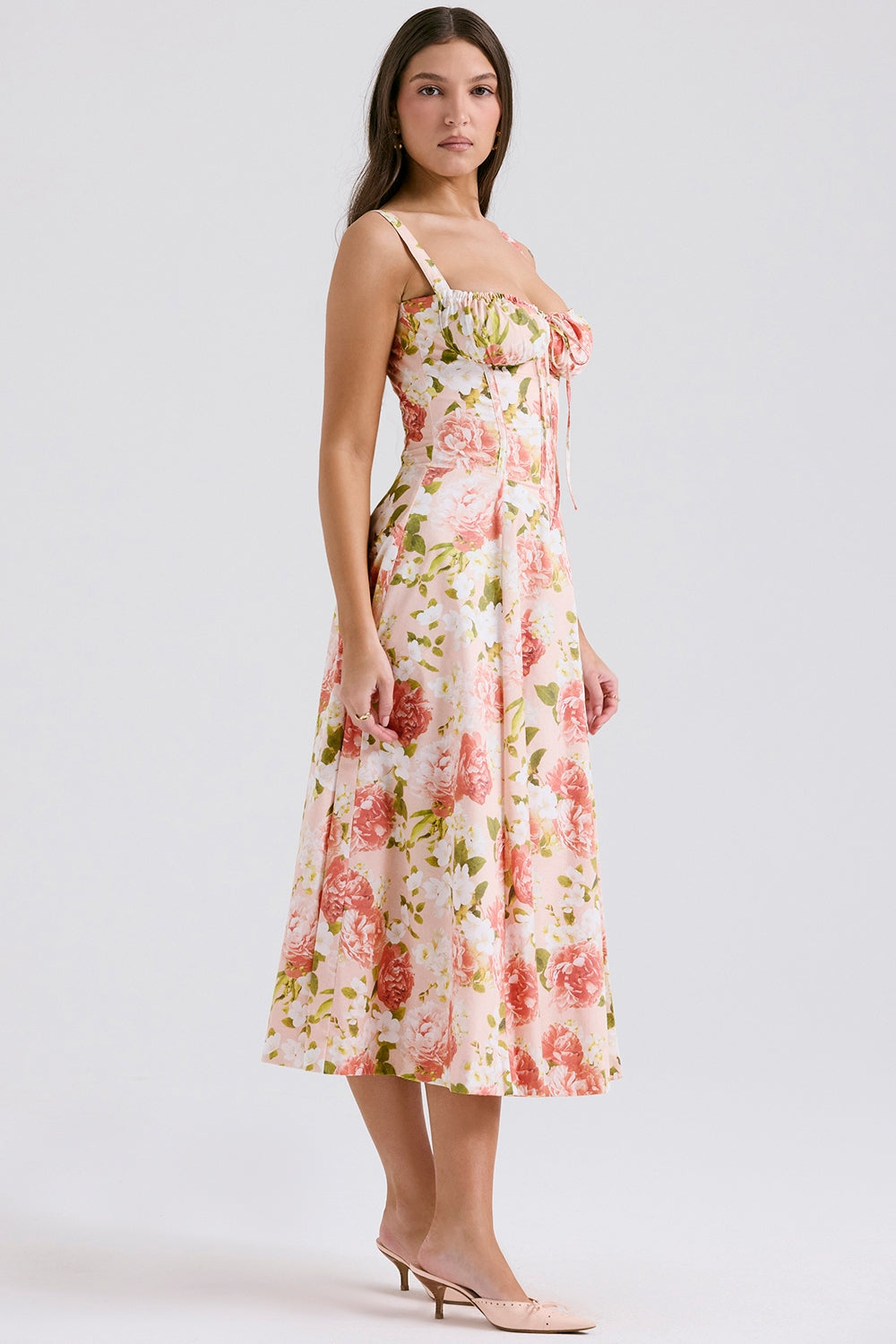 Pink Peony Lace-Up Midi Dress Women UK – Garden Party, Date Night Casual