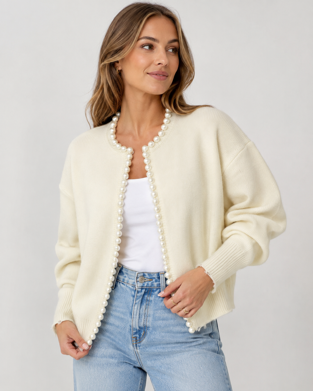 Chilly Evening Out – Soft Open Cardigan with Pearl Trim