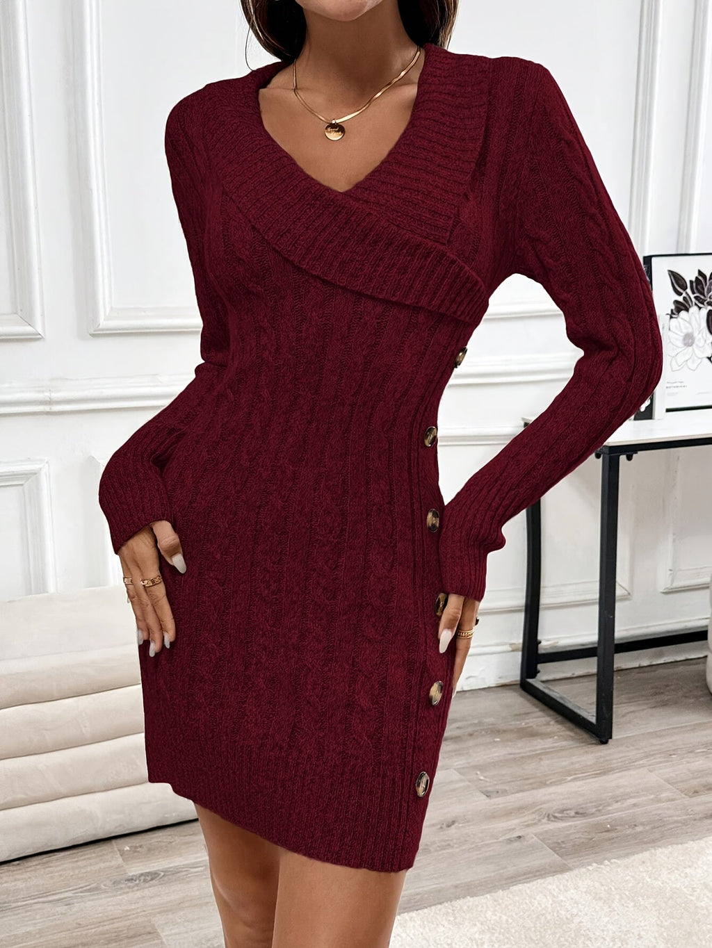 Cable-Knit V-Neck Dress for Halloween Parties and Celebrations