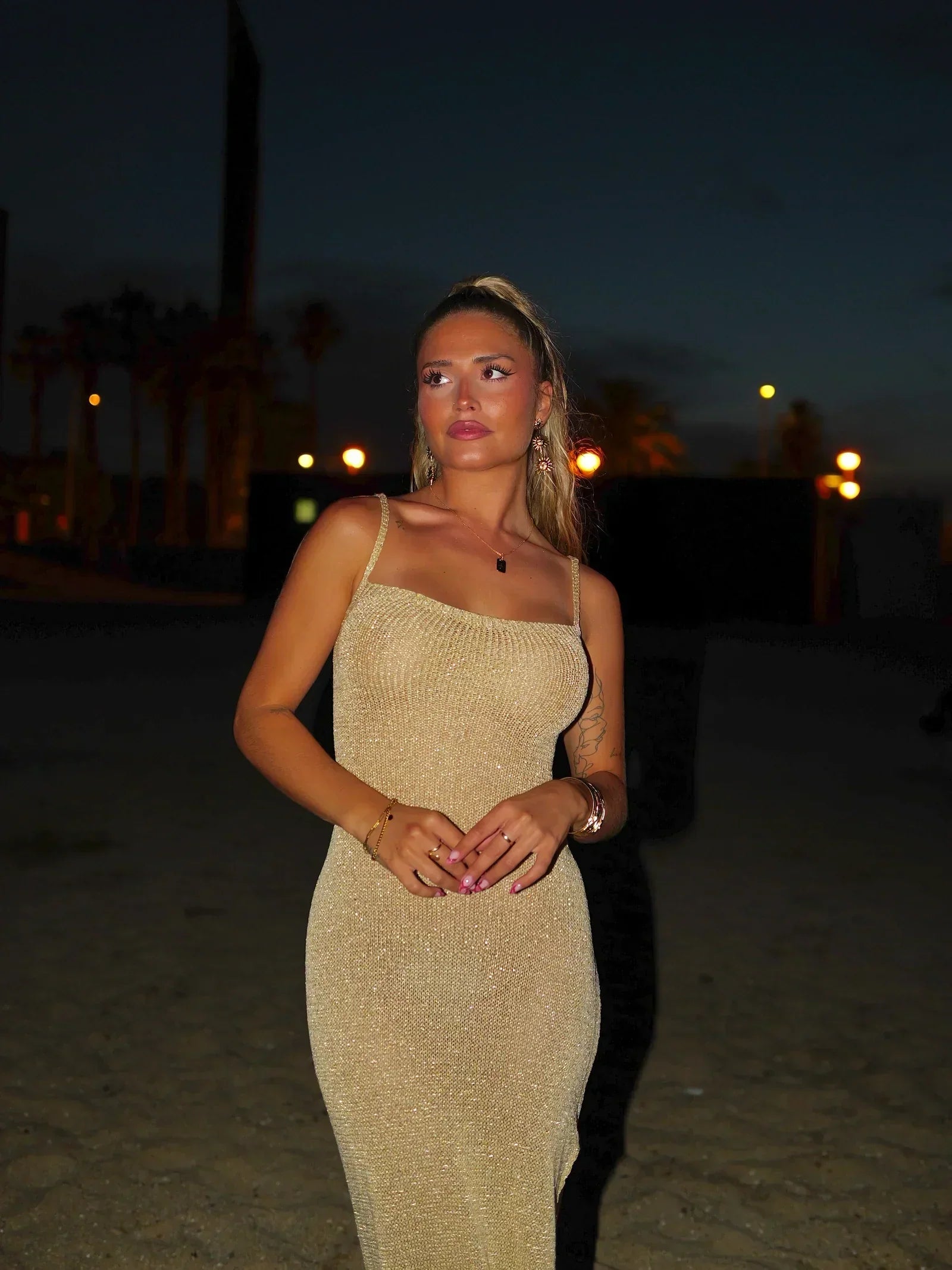 Metallic Knit Maxi Dress with Lace-Up Back and Thigh-High Slit for Evening Events