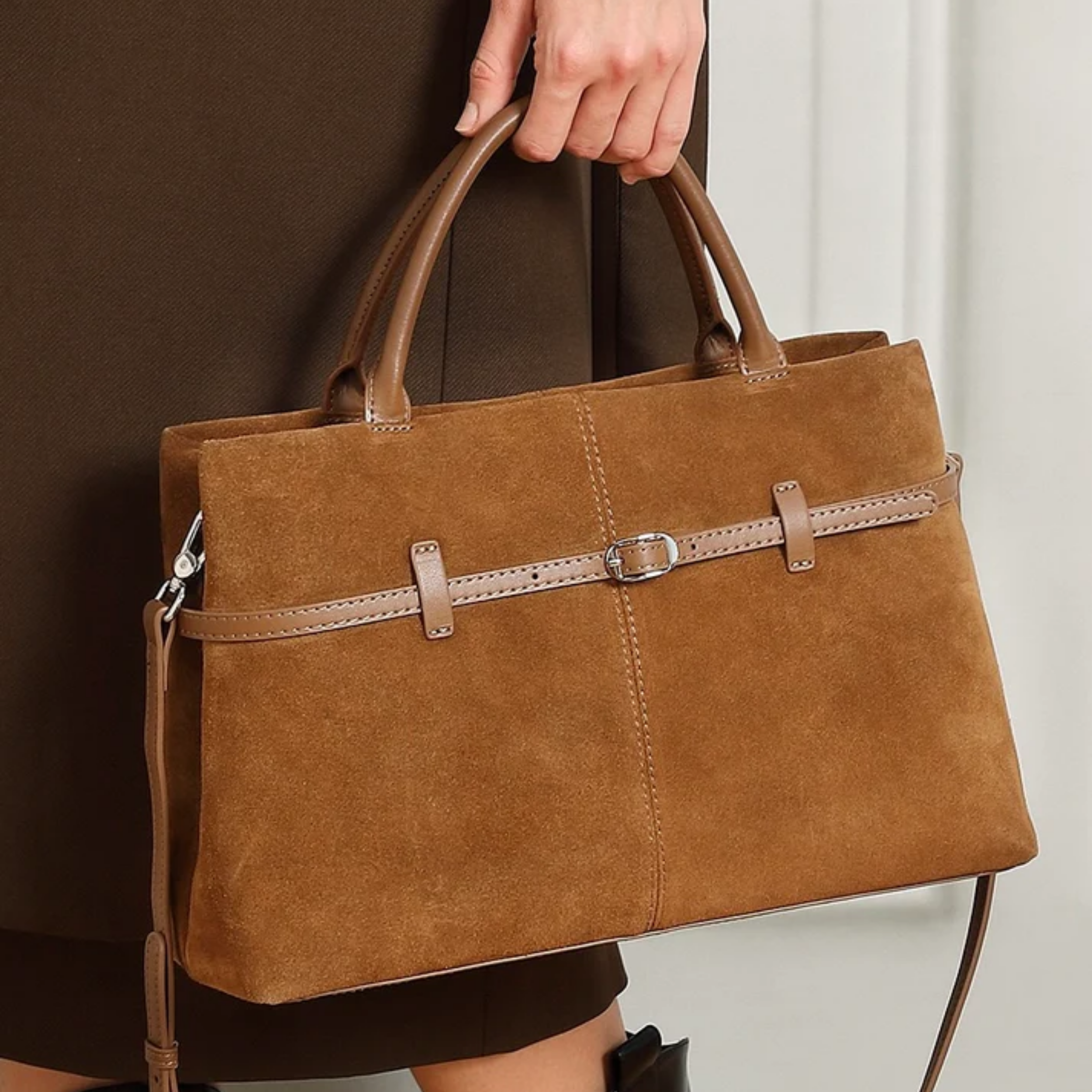 Brown Suede Leather Structured Tote Bag Women UK – Smart Casual Office Wear Everyday Use