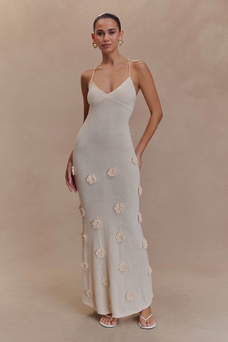 Lace-Up Open Back V-Neck Floral Knit Maxi Dress for Women
