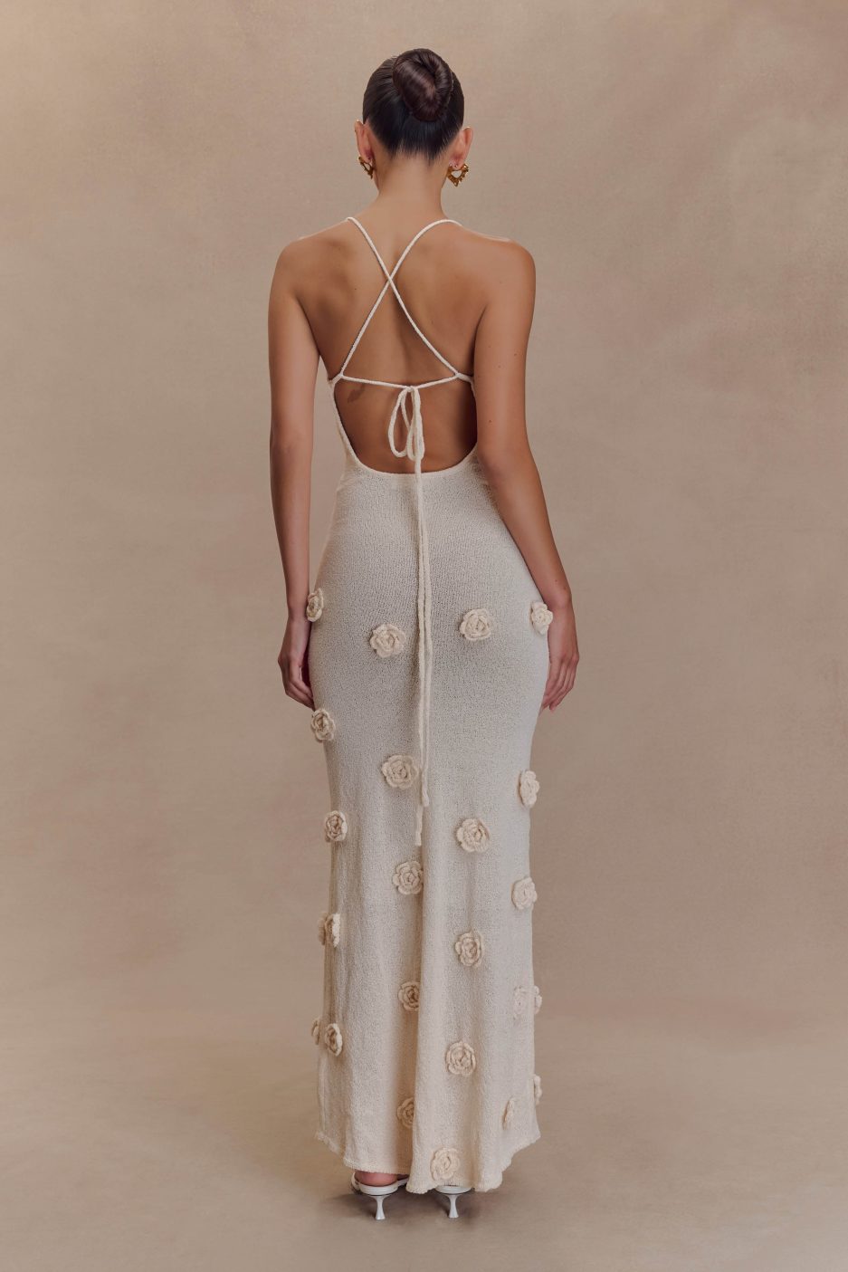Lace-Up Open Back V-Neck Floral Knit Maxi Dress for Women