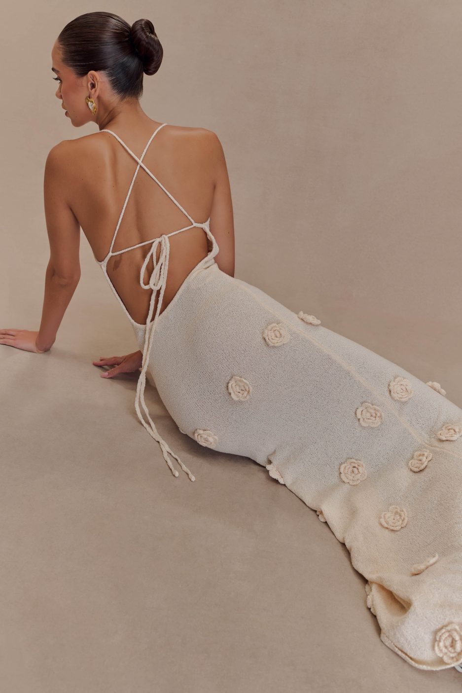 Lace-Up Open Back V-Neck Floral Knit Maxi Dress for Women