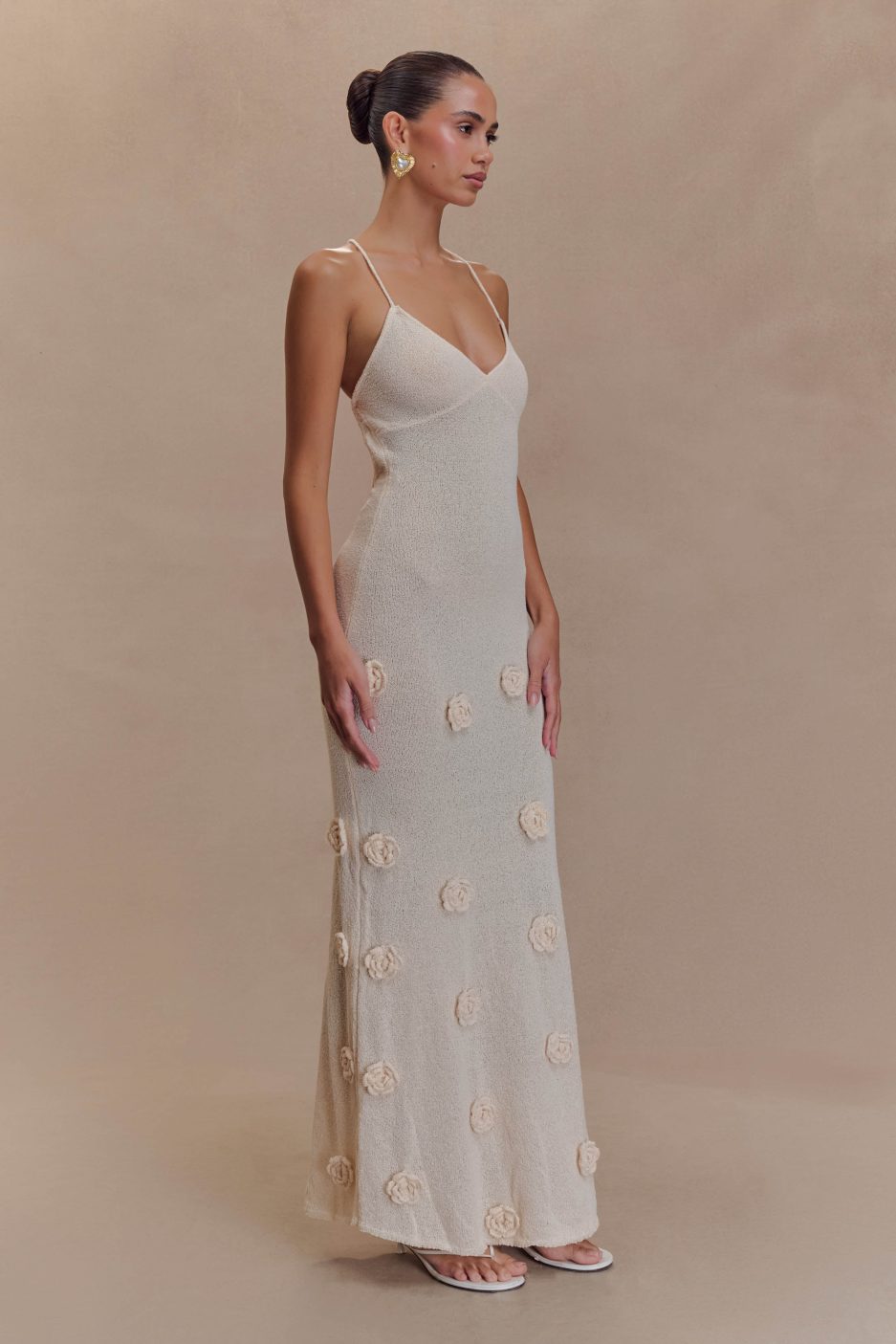 Lace-Up Open Back V-Neck Floral Knit Maxi Dress for Women