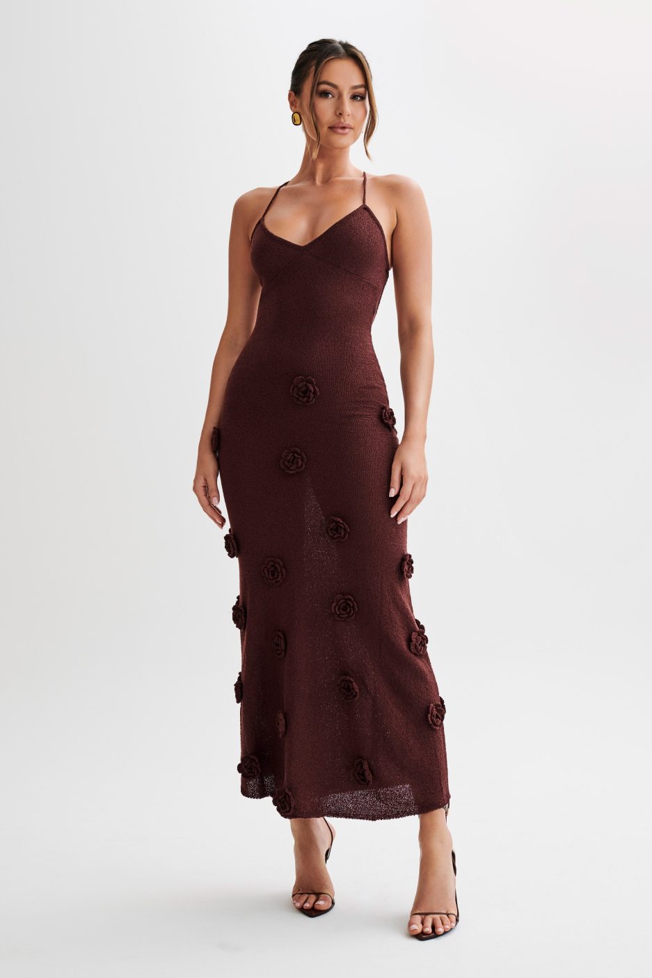 Lace-Up Open Back V-Neck Floral Knit Maxi Dress for Women