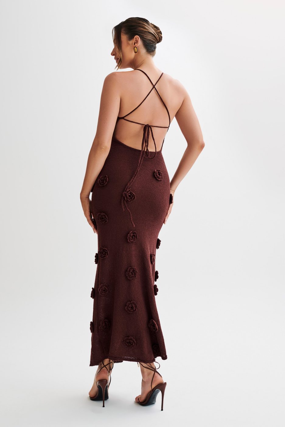 Lace-Up Open Back V-Neck Floral Knit Maxi Dress for Women