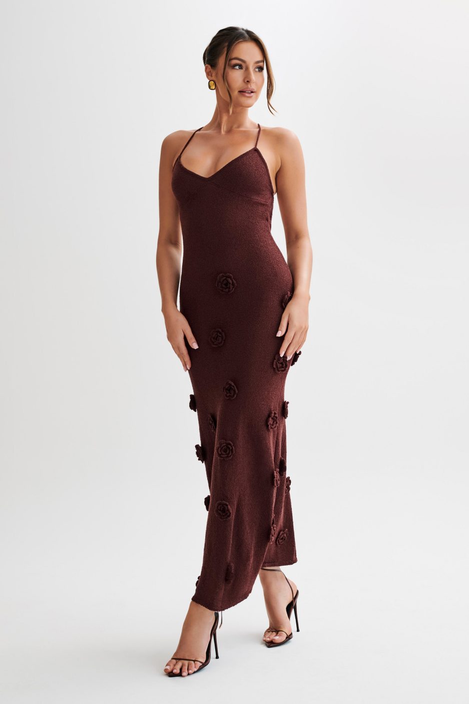 Lace-Up Open Back V-Neck Floral Knit Maxi Dress for Women