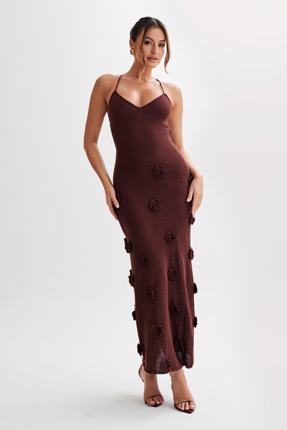 Lace-Up Open Back V-Neck Floral Knit Maxi Dress for Women