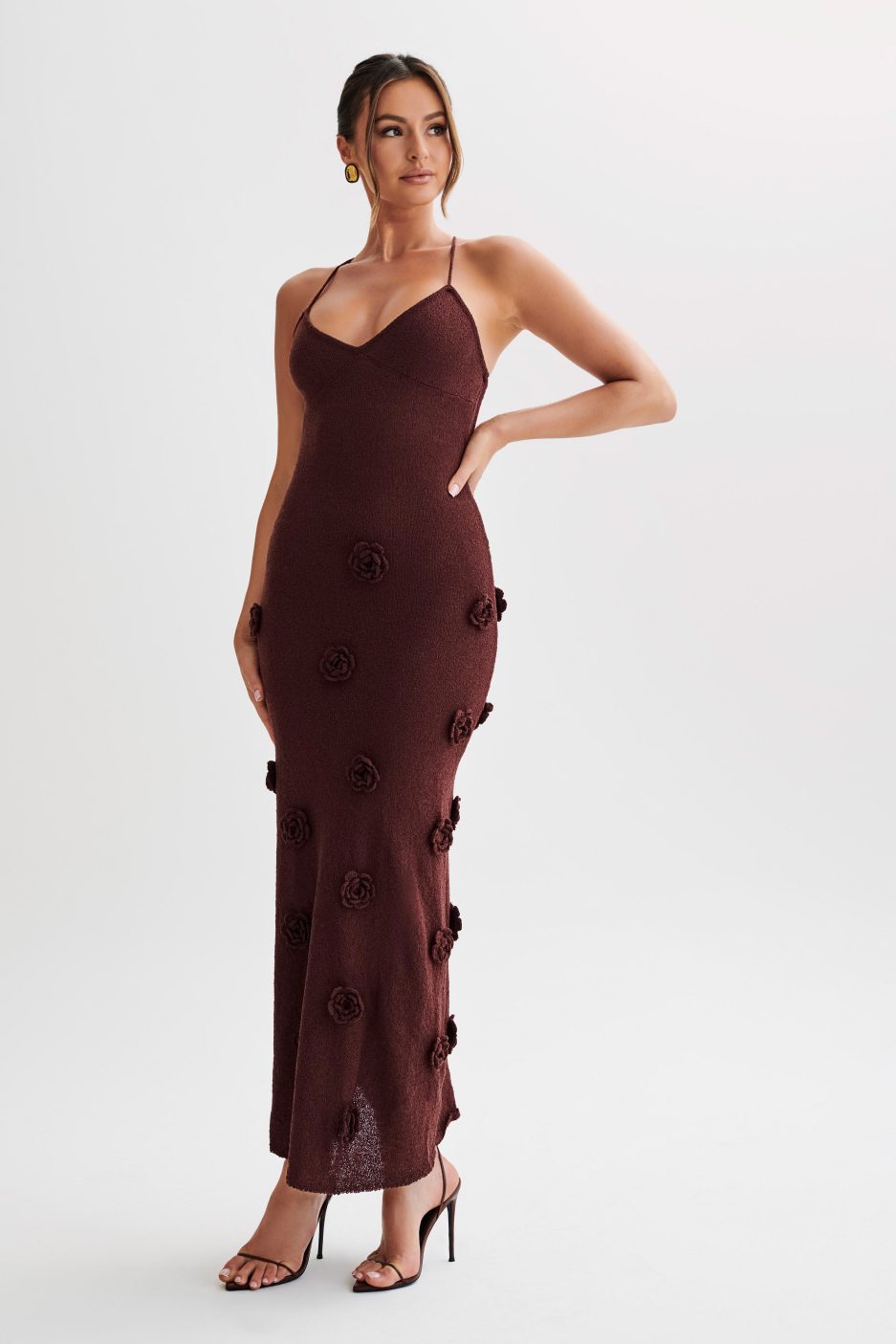Lace-Up Open Back V-Neck Floral Knit Maxi Dress for Women