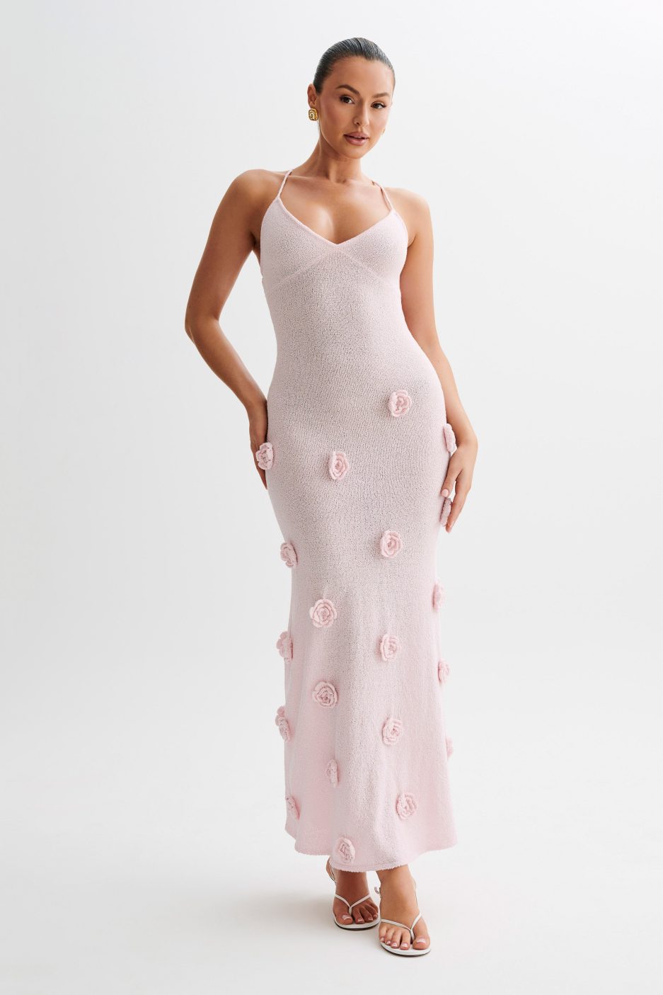 Lace-Up Open Back V-Neck Floral Knit Maxi Dress for Women