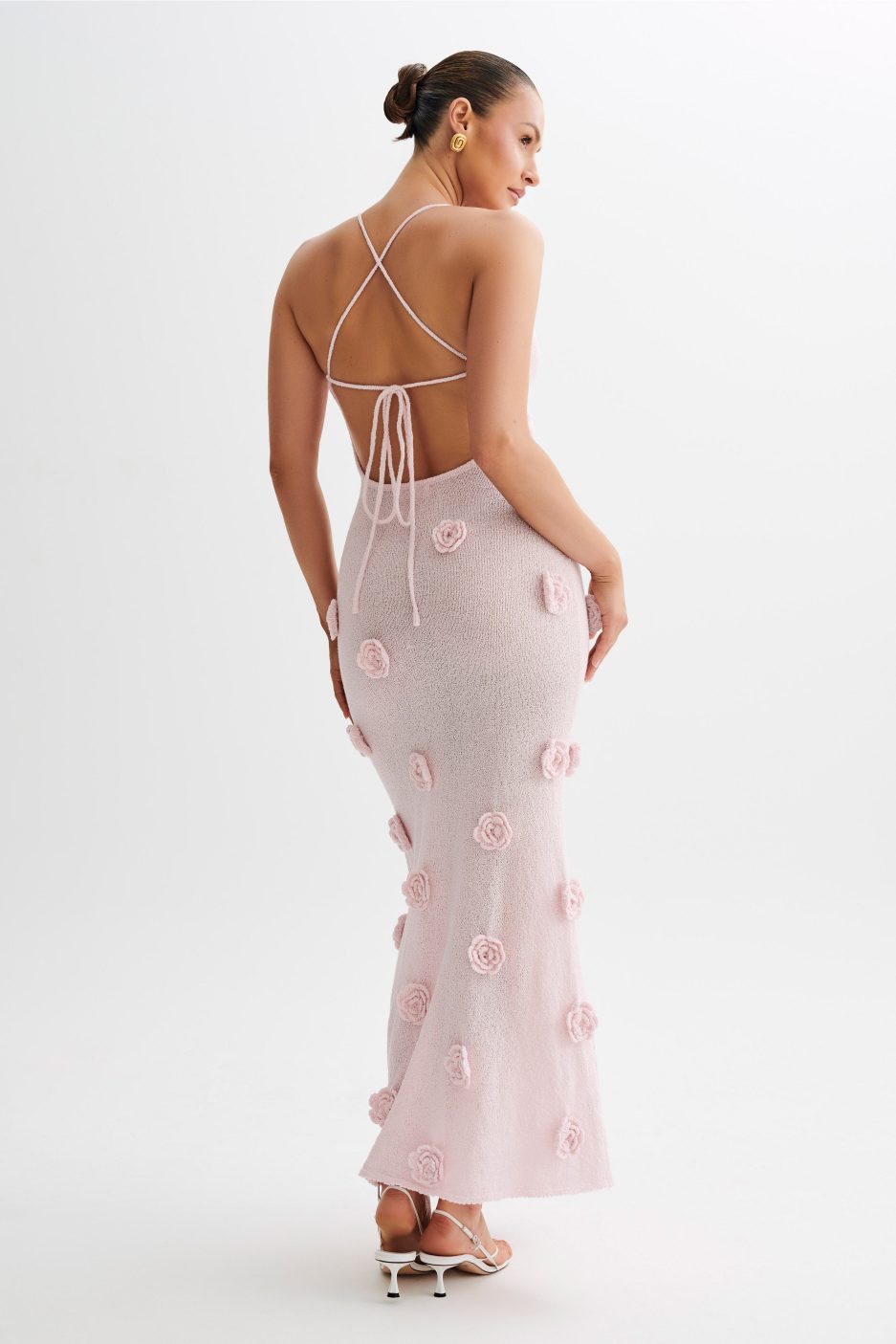 Lace-Up Open Back V-Neck Floral Knit Maxi Dress for Women